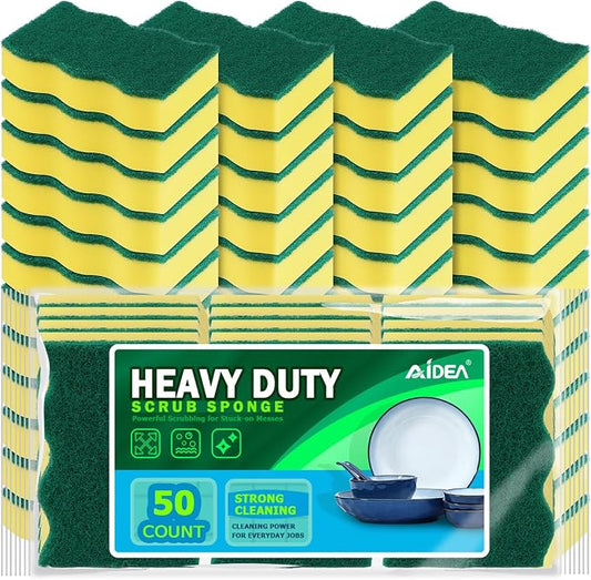 AIDEA Sponges Kitchen, 50-PK Heavy Duty Dish Sponge Kitchen, Scrub Sponges | Dish Sponges Stink-Free, Wavy Edge Cleaning Dish Scrubber Sponges for Home & Restaurant, Bathroom, Bulk Sponges for Pots/Pans