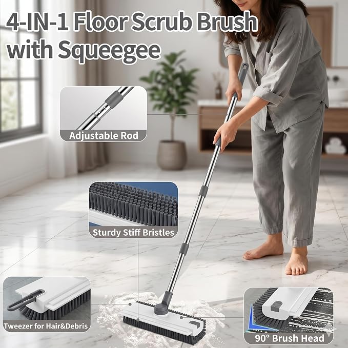 3 in 1 Floor Scrub Brush,Floor Scrubber with Squeegee and Tweezer, Push Broom with Long Handle,Heavy-Duty Stiff 90° Bristle Broom for Patio,Shower, Garage,Deck,Tile, Concrete & Wood Surface (White)