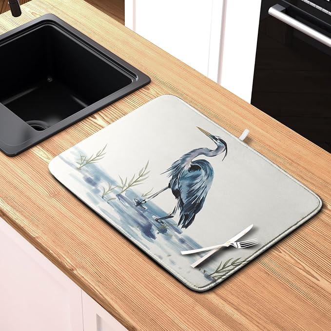 Summer Dish Drying Mat Blue White Heron Beach Absorbent Microfiber Drying Mats for Kitchen Counter Coastal Nautical Birds Dishes Drainer Mat 16x18 Inch