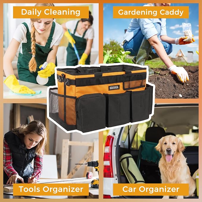 SCAVATA Wearable Cleaning Caddy Bag, Cleaning Caddy Supplies Organizer with Handle & Shoulder Straps for Housekeepers, Under Sink & Car Cleaning Tool Organizers with 4 Foldable Divider (Orange)