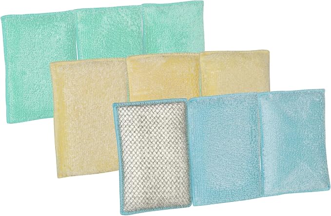 Smart Design Heavy Duty Scrub Sponge with Bamboo Odorless Rayon Fiber - Set of 9 - Ultra Absorbent - Soft and Metallic Scrub - Cleaning, Dishes, and Hard Stains - Spring - Yellow, Mint, Blue