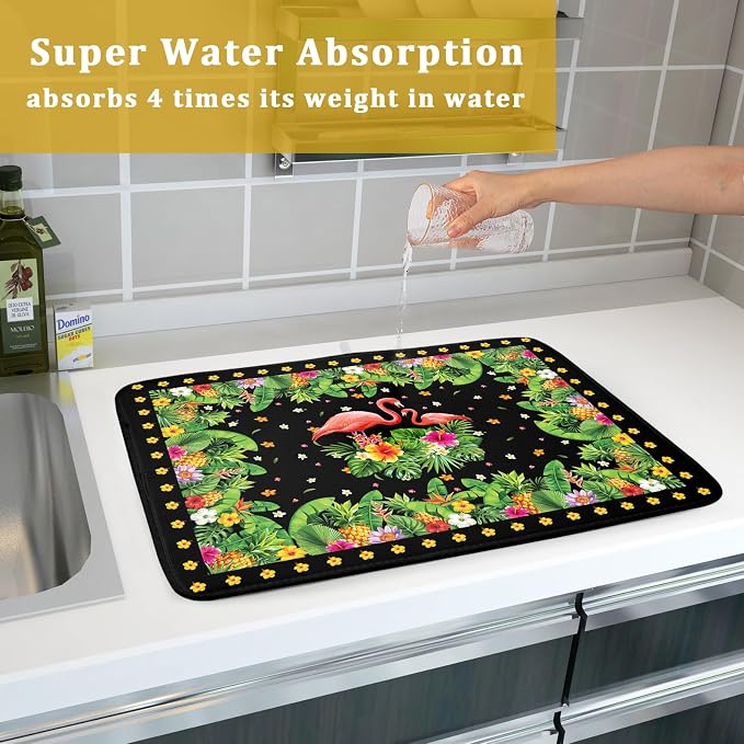 Giwawa Tropical Flamingo Dish Drying Mat Palm Leaves Absorbent Dishes Drainer Pad Microfiber Dish Rack Mat for Kitchen Countertop Decor 18x24 Inch
