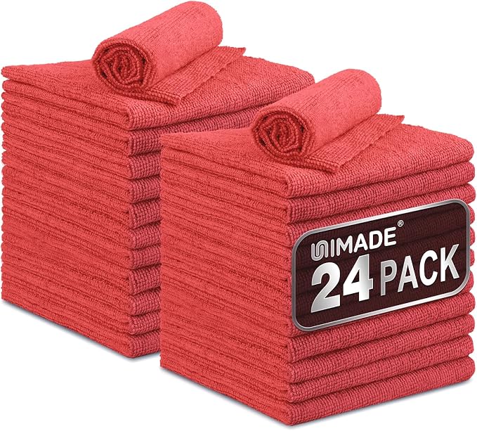UNIMADE Microfiber Cleaning Cloth, 24 Pack Reusable Microfiber Towels for Cars Lint Free Cleaning Shop Towel Rags for Home Kitchen Automotive Bar Mechanic Restaurant Garage, 11"x 12", Red