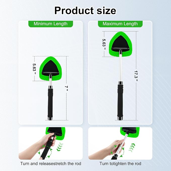 JUSTTOP Windshield Cleaner Tool, Car Interior and Exterior Window Cleaning Kit with Extendable Handle & 4 Reusable Microfiber Pads, Auto Glass Wiper Brush Kit for Car & Home Windows (Green)
