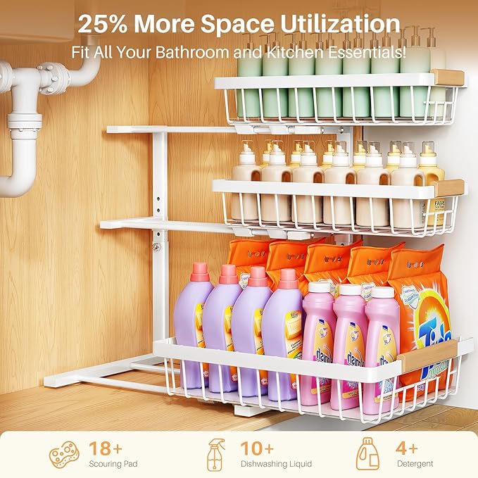 PXRACK Under Sink Organizer, 2-Pack 3-Tier Height Adjustable Thickened Metal Pull out Cabinet Organizer Shelf, Slide out Storage Drawer Rack for Bathroom Kitchen Pantry Home Organization, White