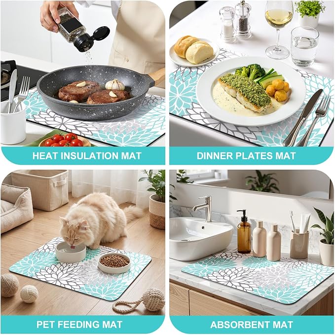 Findosom 2PCS 12" x 20" Dish Drying Mat & 24" x 5.5" Sink Splash Guard, Super Absorbent & Cuttable Dish Mat Drying Kitchen Mat with Teal Floral, Hide Stain Drying Mat for Kitchen Counter