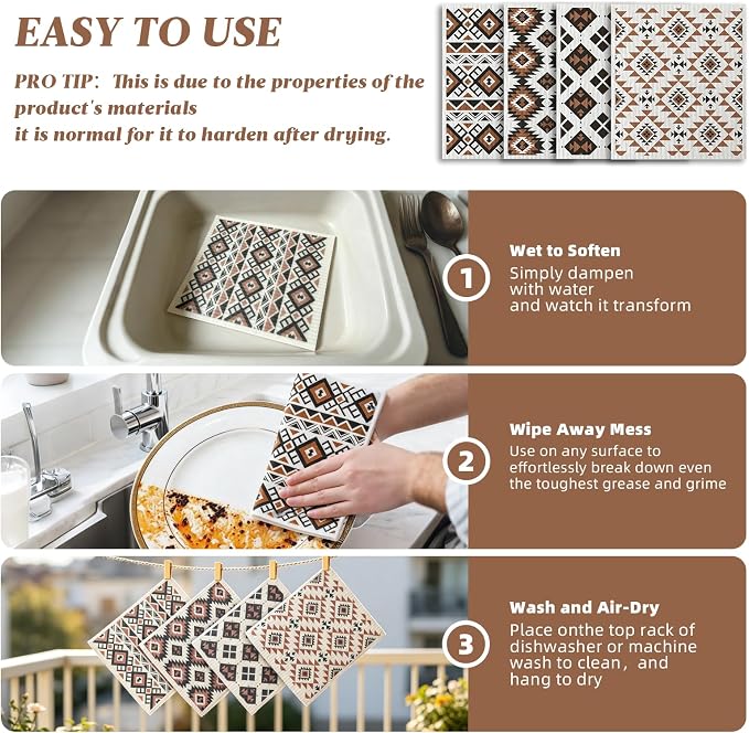 Swedish Dishcloths for Kitchen - 4 Pack Western Aztec Vintage Themed Reusable Paper Towels, Non-Scratch Cellulose Cloths, No Odor, Biodegradable Cleaning Cloths