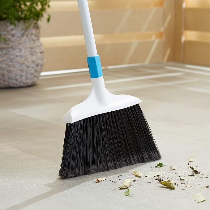 Amazon Basics Heavy-Duty Floor Cleaning Broom with Stiff Bristles, Sturdy 3-Piece Handle, Easy to Assemble, Indoor Outdoor Use for Driveways and Sidewalks, Blue and White