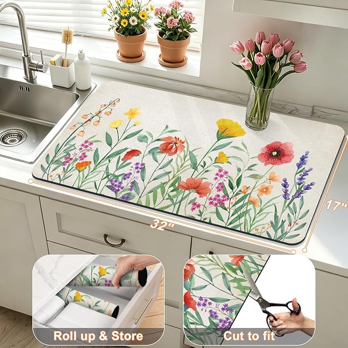 LOKHOM Dish Drying Mat for Kitchen Counter, 17"x32" Absorbent Coffee Bar Mat with Spring Floral, Dish Drainer Rack Mat for Kitchen Counter