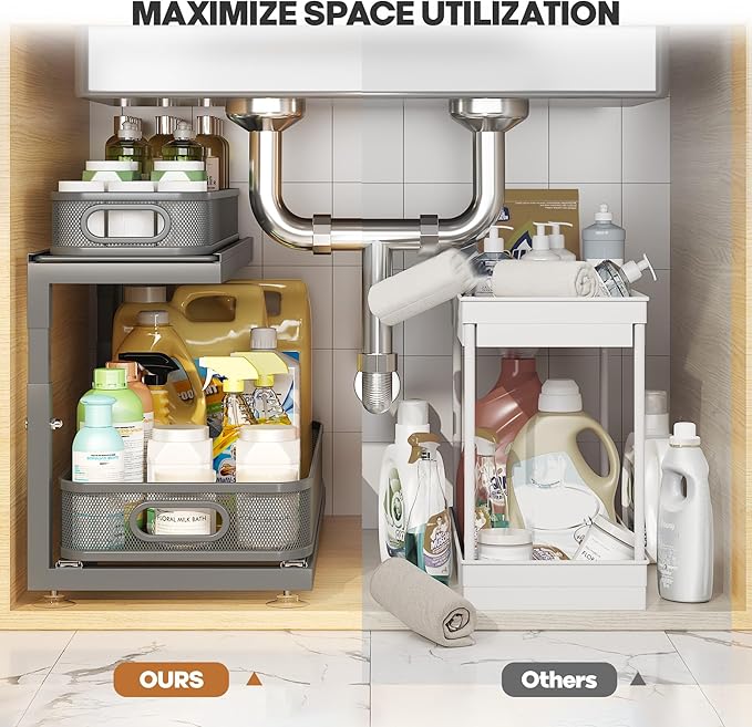 2-Pack 21.3 IN Depth Under Sink Organizer With Next-Gen Ball-Bearing Slides,Sophisticated Mesh 2-Tier Pull Out Shelf for Kitchen & Bathroom,Fits Small Items-Gun Gray