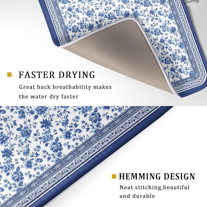 Blue Floral Branches Dish Drying Mat for Kitchen Counter Chinoiserie Pattern Dish Drying Pad 16”x18”Absorbent Vintage Flowers Decor Dishes Drainer Pad Dish Dry Rack Mat for Counter Coffee Bar