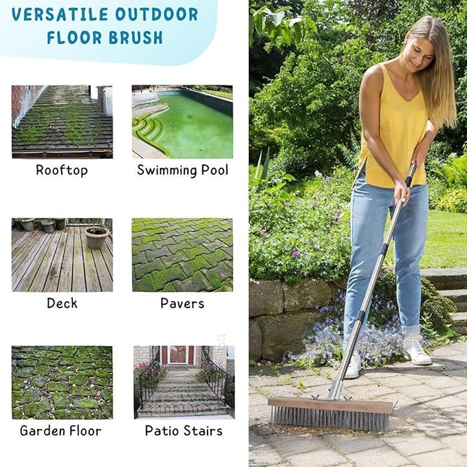 Stainless Steel Wire Scrub Brush with Long Handle, Heavy Duty Wire Broom for Outdoor Floor, Moss Remover for Patio Deck Garden Garage, 124cm/48.8in with 4 Extension Poles