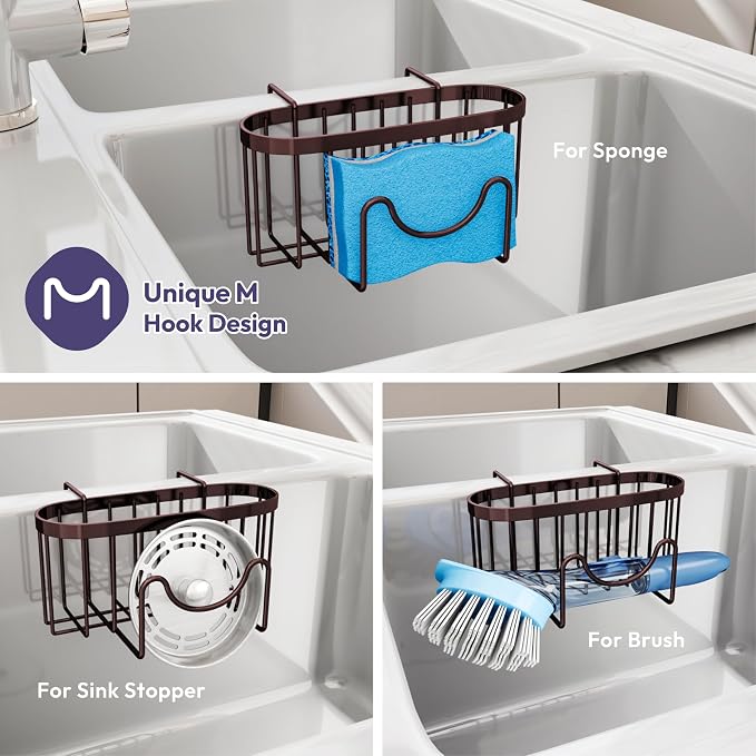 SWTYMIKI Sponge Holder for Kitchen Sink - Movable Kitchen Sink Caddy with M Shape Hook, Stainless Steel Hanging Sponge Caddy for Dish Sponge, Brush, Stopper Organizer in Double Bowl Sink, Bronze