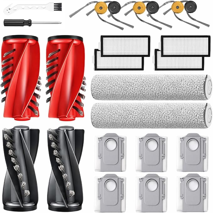 24 Pack Replacement Accessories for Roborock Qrevo Curv 2 Flow Robot Vacuum | 2 Pairs Main Brushes 2 Roller Mops 4 HEPA Filters 6 Side Brushes 6 Dust Bags 1 Cleaning Brush 1 Screwdriver