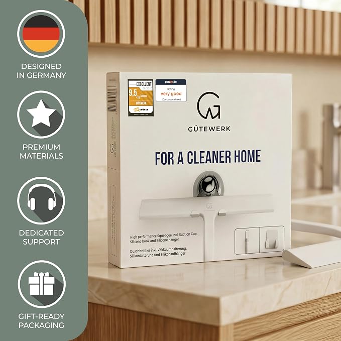 GÜTEWERK Silicone Shower Squeegee for Glass Doors & Mirrors with Stainless Steel Core, Streak-Free & No-Squeak Window Cleaning, 3-in-1 No-Drill Mount (Hook/Suction/Adhesive),White, 9 Inches