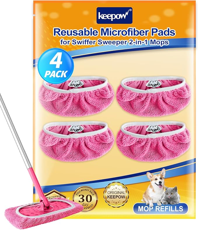KEEPOW Reusable Mop Pads Compatible with Swiffer Sweeper, 4 Pack Pink | Washable Microfiber Replacement Mop Refills, Wet & Dry Dust Mopping Pads for Hardwood, Tile, Laminate & Vinyl Floors