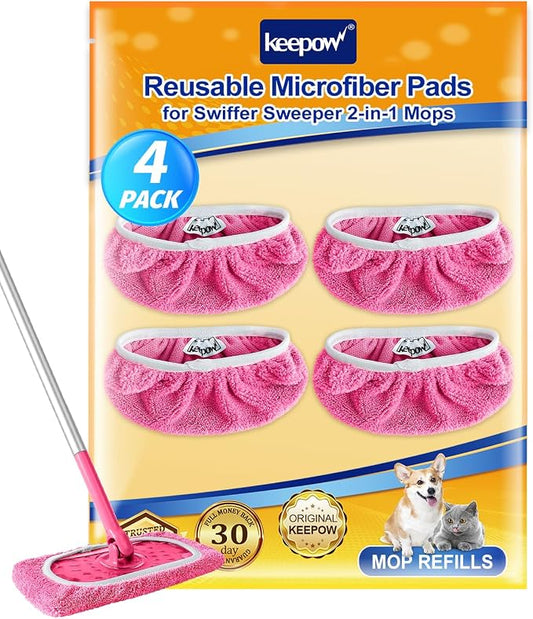 KEEPOW Reusable Mop Pads Compatible with Swiffer Sweeper, 4 Pack Pink | Washable Microfiber Replacement Mop Refills, Wet & Dry Dust Mopping Pads for Hardwood, Tile, Laminate & Vinyl Floors