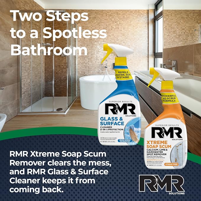 RMR Shower Shield Power Pack – Glass & Surface Cleaner/Repellent + Xtreme Soap Scum Remover, Multi-Surface Cleaning Kit for Bathroom, Tile, Glass, & Surfaces, 2–32 Oz Bottles