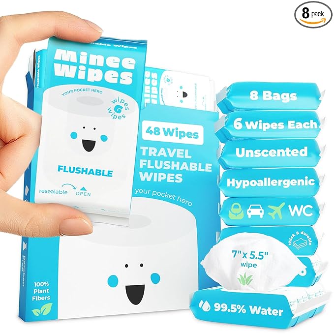 Impossibly Compact Travel Flushable Wipes - 99.5% Water and Aloe - Safe for Sensitive Skin & Hypoallergenic - Travel Essentials for Adults & Kids, Unscented, 8 Pack 48 Wipes