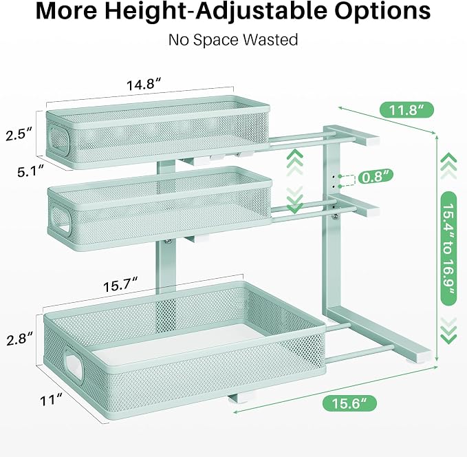 Under Sink Organizer, 2-Pack 3-Tier Height Adjustable Thickened Metal Pull out Cabinet Organizer Shelf, Slide out Storage Drawer Rack for Bathroom Kitchen Pantry Home Organization, LightBlue