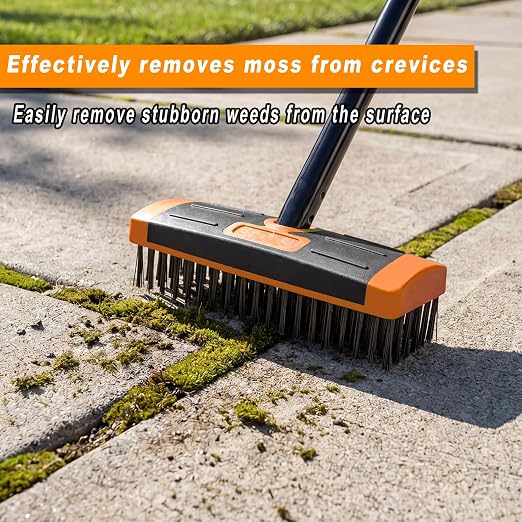 3 in 1 Scrub Brush with Long Handle – Your All-Purpose Deck Brush, Weeding Tool & Concrete Scrubber Tackle Patio Weeds, Floor Stains, Moss, and Rust with one Versatile Set. (Orange)
