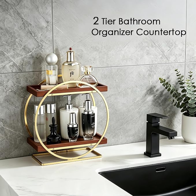 2-Tier Bathroom Counter Organizer, Wood Bathroom Organizer for Vanity Makeup Skincare Cologne Storage, Bamboo Perfume Organizer for Dresser, Countertop Shelf for Bathroom Kitchen, Gold & Brown