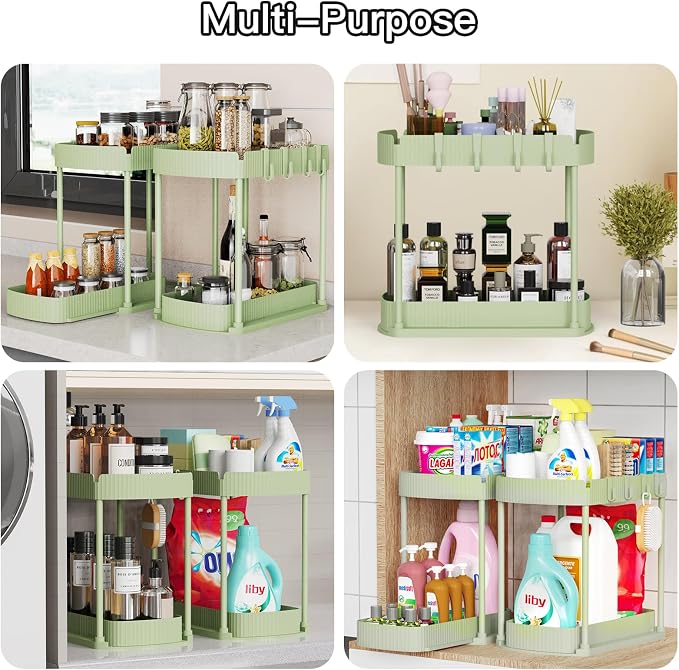 Ukeetap 2 Pack Multi-Purpose Pull-Out Storage Organizers, Under Sink Organizers and Storage for Bathroom & Kitchen, Under Cabinet Organizers and storage, 12.8 Inch, Green