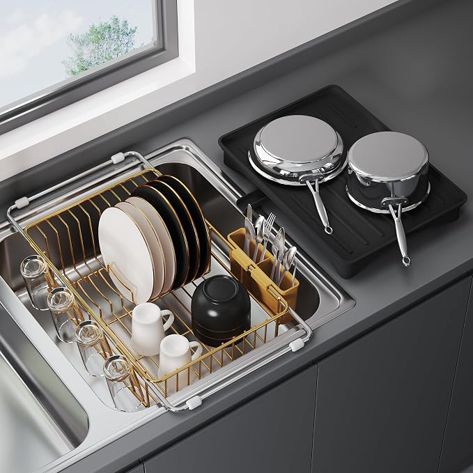 JASIWAY Gold Dish Drying Rack in Sink, Expandable Stainless Steel Dish Drainers with Drainboard for Kitchen Counter, Space Saving Dish Dryer Rack, Over The Sink Dish Racks with Utensil Holder