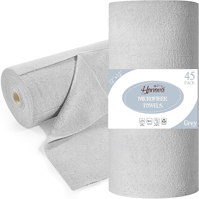 Microfiber Cleaning Cloth Roll 45 Pack, 12"×12", Reusable, Tear Away, Grey | Reusable Paper Towels Washable Roll, Highly Absorbent, Lint Free Dish Rags for Kitchen, Window, Car, Shop