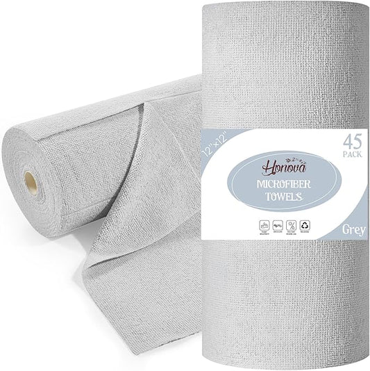 Microfiber Cleaning Cloth Roll 45 Pack, 12"×12", Reusable, Tear Away, Grey | Reusable Paper Towels Washable Roll, Highly Absorbent, Lint Free Dish Rags for Kitchen, Window, Car, Shop