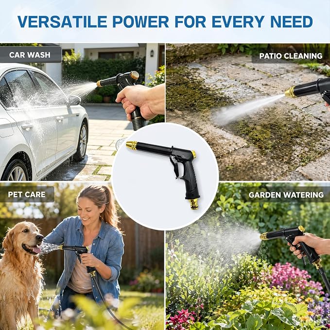 Jetterix High Pressure Water Jet Nozzle, Pressure Washer Gun, Heavy Duty Adjustable Twist Hose Nozzle Jet Sweeper Nozzle for 3/4" Garden Hose, 3 Spray Modes for Car Yard Patio Pets Washing (D)