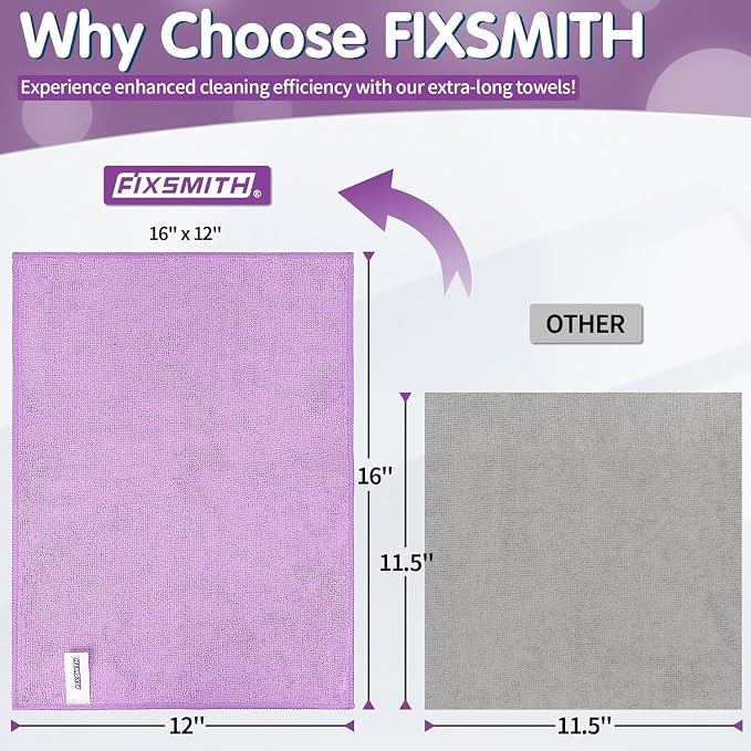 FIXSMITH Purple Microfiber Cleaning Cloth -Pack of 12, Highly Absorbent Cleaning Rags, 16"X12" All Purpose Cleaning Towels for Housekeeping, Kitchen, Car, Lint Free and Reusable Microfiber Towels
