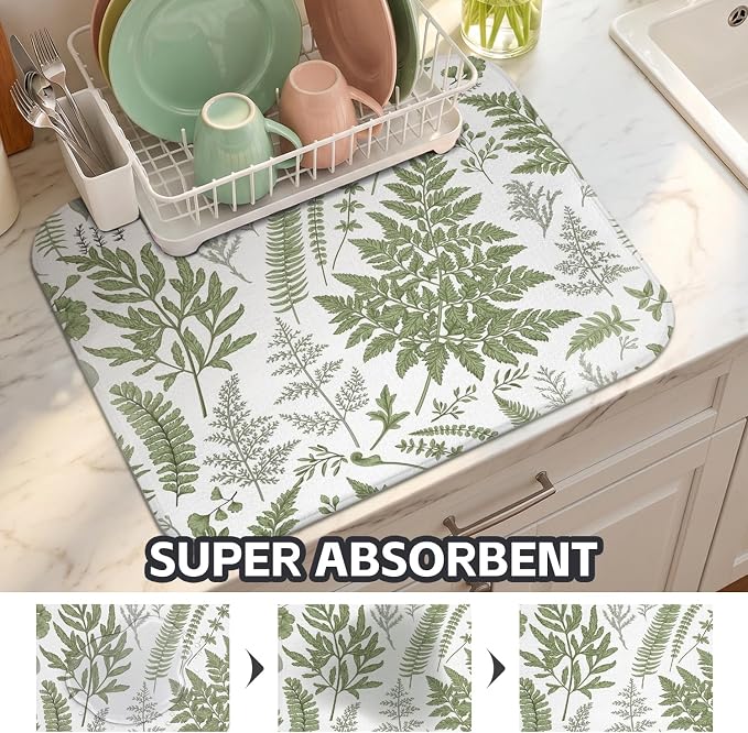Boho Dish Drying Mat for Kitchen Counter,Botanical Fern Plant Floral Farmhouse Absorbent Microfiber Reusable Washable Non-Slip Dish Drainer Draining Mats Dishes Pad for Kitchen Decor 18x16 Inch