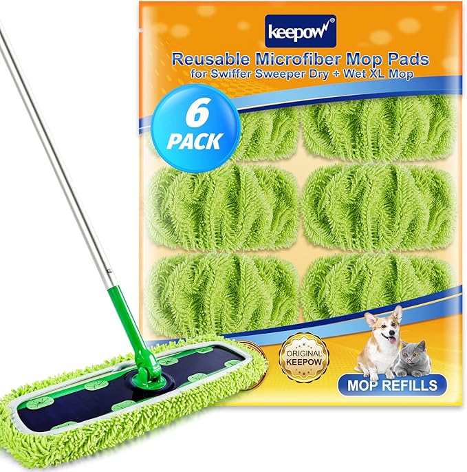 KEEPOW XL Dry Sweeping/Wet Mopping Cloths for Swiffer XL Sweeper, 6 Pack | Reusable & Washable Microfiber Mop Pad Refills for Surface/Hardwood Floor Cleaning