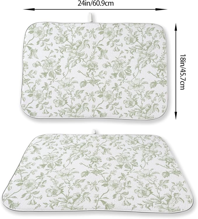Sage Green Floral Dish Drying Mat 18 x 24 Inch Vintage Light Green Floral Drying Mat for Kitchen Counter Absorbent Spring Summer Flowers Dishes Dry Pad for Drainer Rack Kitchen Fast Dry