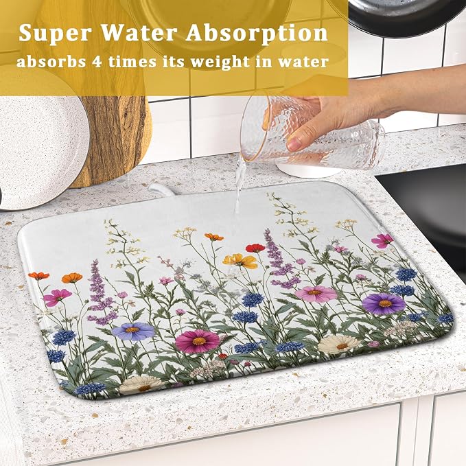 Giwawa Flower Herbs Dish Drying Mat Botanical Plant Dishes Drainer Mat 16x18 inch Reversible Microfiber Drying Dish Pad for Kitchen Counter Decor