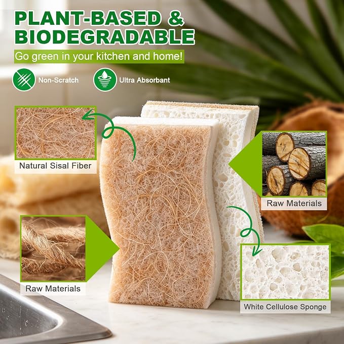 HOMEXCEL Sponges Kitchen, 24 Packs Non-Scratch Natural Sponge for Dishes Cookware, Biodegradable Cellulose Scrub Sponges for Dishwashing Cleaning Household Bathroom