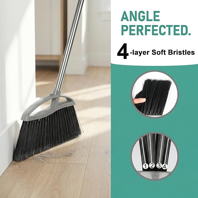 Soft Bristle Broom and Dustpan Set, Long Handle for Indoor Floor, Hardwood | Angled Broom Reach Corners and Cabinets, Rubber Lip Traps Fine Dust. Perfect for Tile, Office, Kitchen.