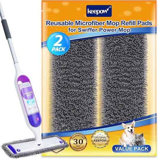 KEEPOW Reusable Microfiber Mop Pads for Swiffer PowerMop 2 Pack | Power Mop Pads Refills for 13 ''-15 '' Spray Mop, Machine Washable Pad Replacement for Multi-Surface Floor Cleaning