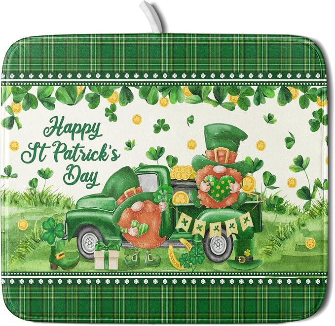 Shamrock Truck Dish Drying Mat Buffalo Check Dish Drainer Mat 16x18 inch Reversible Microfiber Quick Dry Rack Pad for Kitchen Counter Sink