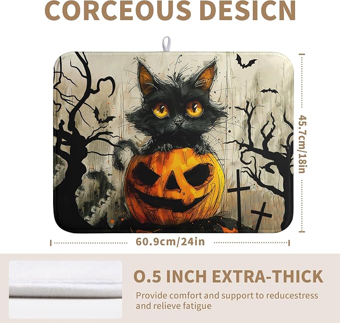 Black Cat Fall Pumpkin Dish Drying Mat 18x24 - Super Absorbent Drying Pads for Kitchen Counter - Happy Halloween Bat Branch Large Microfiber Dishes Drying Mats