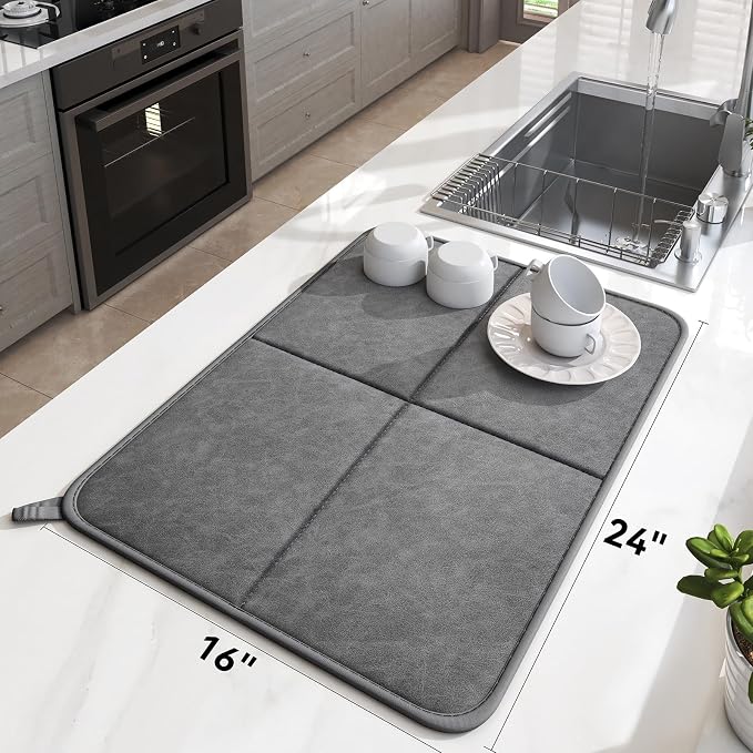 YDKGL 2 Pack PU Leather Dish Drying Mat for Kitchen Counter, Ultra Absorbent & Fast Drying Dish Mat Machine Washable Foldable Drying Pad for Countertops, Sinks, Draining Racks