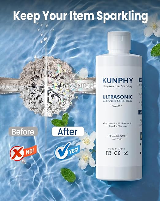 kunphy Jewelry Cleaner Solution -Ultrasonic Cleaner Solution for Gold, Silver, Platinum Diamonds and Non-Porous Precious & Semi-Precious Jewelry 4 oz(120ml)