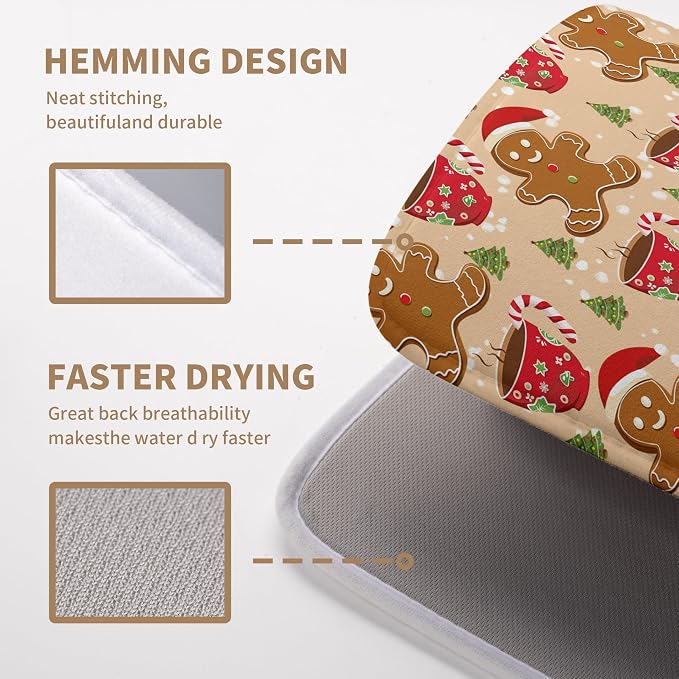 Cute Gingerbread Man Xmas Dish Drying Mat, Absorbent Dish Pad, 18x24 inch