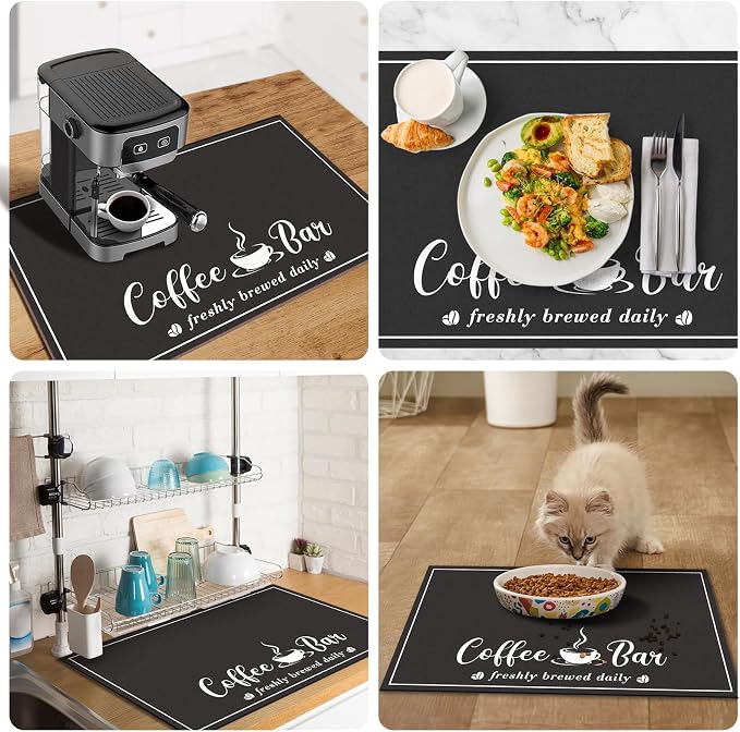 CooRug Absorbent Coffee Mat, Fashion Dish Drying Mat for Kitchen Counter Coffee Bar Accessories Espresso Machine Dish Rack 16" x 24" Black