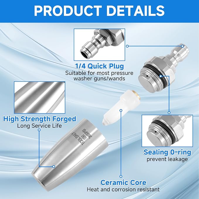 Tool Daily Turbo Nozzle Pressure Washer Stainless Steel, 360° Rotating | Pressure Washer Nozzle for Cleaning Brick, Concrete, and Wooden Surfaces, 1/4" Quick Connect, 3600 PSI, 3.0 GPM