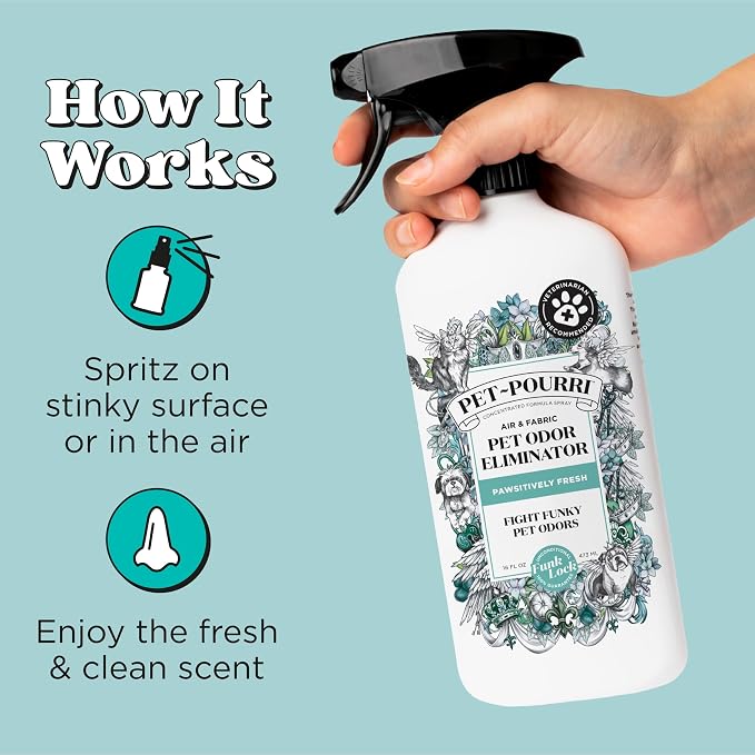 Pet-Pourri Pet Odor Air + Fabric Odor Freshener Spray, Pawsitively Fresh, 16 Fl Oz (Pack of 2)