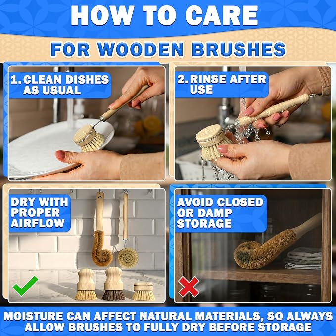 5 Pcs Bamboo Dish Brush Set, Non-Scratch Bristles, Replacement Head | Bamboo Dish Scrubber for Pots, Bottles & Vegetables; Soft for Delicate, Stiff for Stuck-On Messes; Bottle Brush Included