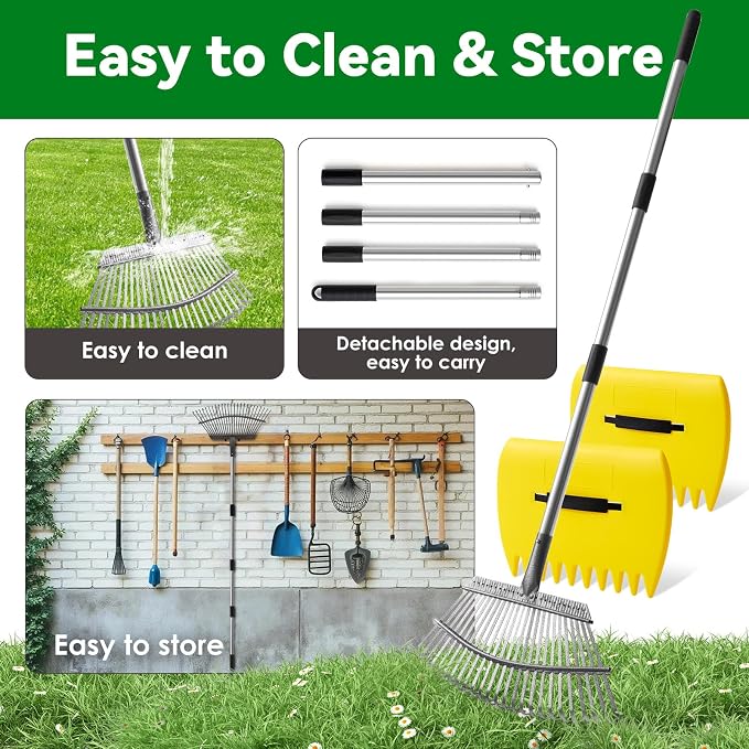 2-in-1 Leaf Rake Set with Leaf Scoops, 25-Tine Garden Rake and Grabber for Leaf Cleanup & Picker Up, Adjustable Long Handle, Wide Metal Head for Garden‌, Yard, Soil, Weeds‌, Grass, Camping