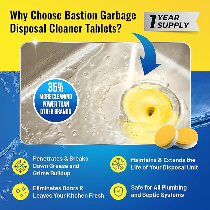 Bastion Garbage Disposal Cleaner Deodorizer Tablets - 24 Pack (1 Year Supply) Powerful Foaming XL 15g Fresh Citrus-Scented Foam Freshener Tabs Clean, & Eliminate Garburator Disposer Sink Odors